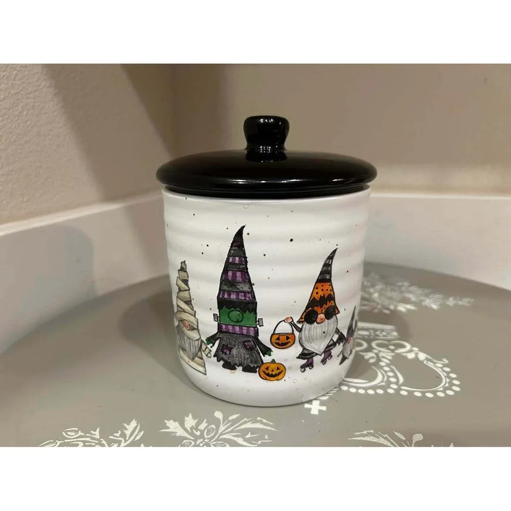 Cobwebs & Cauldrons Halloween Gnome Ceramic Canister Jar White Black Speckled *
